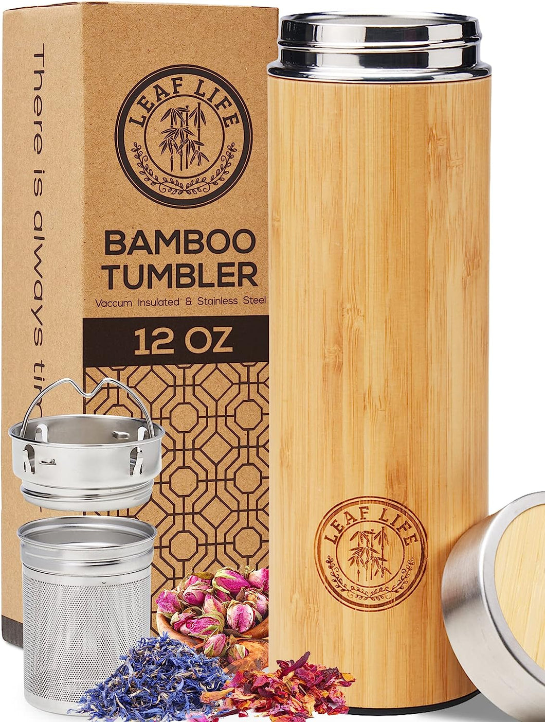 LeafLife Sustainable Bamboo Tumbler with Tea Infuser & Strainer 12oz – Utah  Utopia Tea