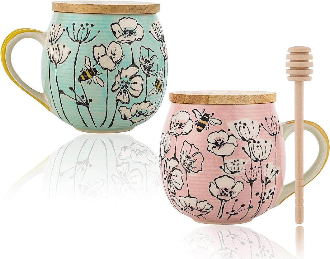 taimei teatime Ceramic Coffee Mug with Lid, Set of 2, 16.9-oz  Hand painted Honey Bee and Floral Pattern